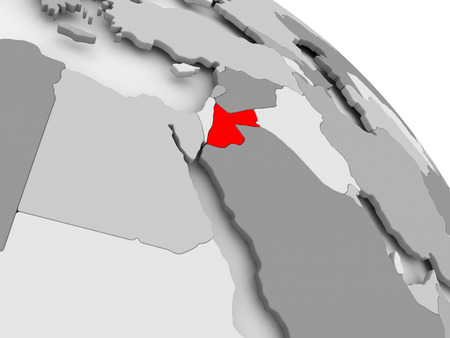3D render of Jordan in red on grey political globe. 3D illustration.の写真素材