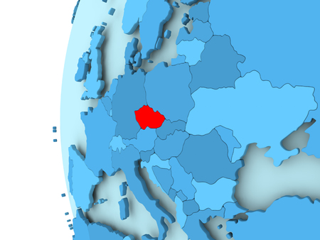 3D render of Czech republic in red on blue political globe. 3D illustration.の写真素材