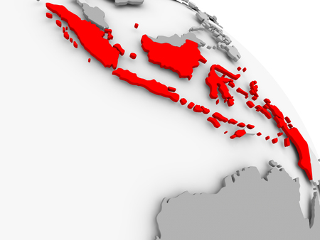 3D render of Indonesia in red on grey political globe. 3D illustration.の写真素材