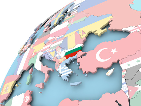 Map of Bulgaria on political globe with embedded flag. 3D illustration.の写真素材