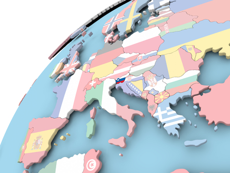 Map of Slovenia on political globe with embedded flag. 3D illustration.の写真素材