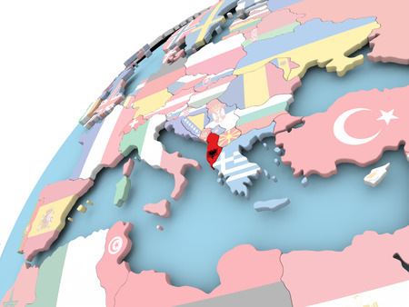 Map of Albania on political globe with embedded flag. 3D illustration.の写真素材
