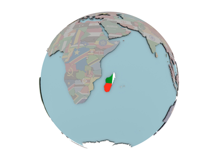 Madagascar on political globe with embedded flags. 3D illustration isolated on white background.の写真素材