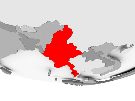 Myanmar in red on grey political globe. 3D illustration.の写真素材