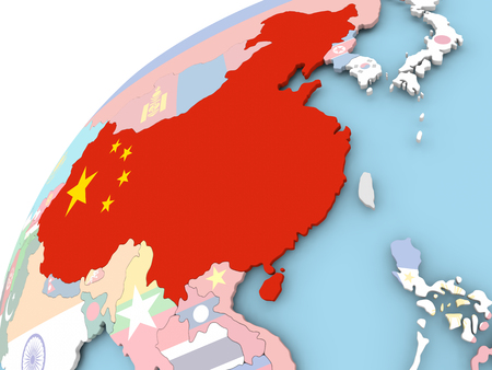 Map of China on political globe with embedded flag. 3D illustration.の写真素材