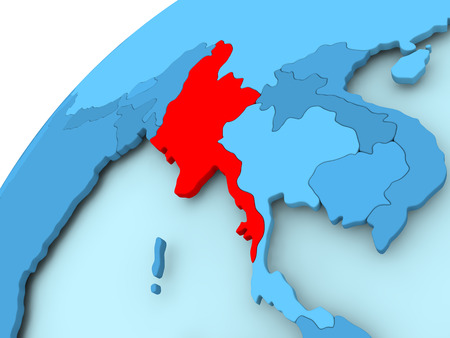 Myanmar in red on blue model of political globe. 3D illustration.の写真素材