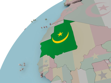 Mauritania on political globe with embedded flags. 3D illustration.の写真素材