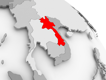 3D render of Laos in red on grey political globe. 3D illustration.の写真素材