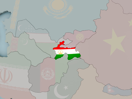 Tajikistan with national flag on political globe. 3D illustration.の写真素材