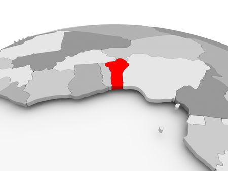 Benin in red on grey model of political globe. 3D illustration.の写真素材
