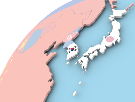 Map of South Korea on political globe with embedded flag. 3D illustration.の写真素材