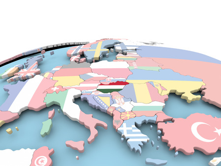 Hungary on political globe with embedded flags. 3D illustration.の写真素材