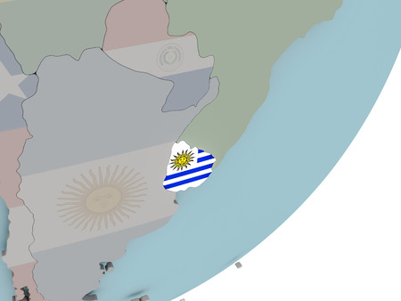 3D render of Uruguay on political globe with embedded flag. 3D illustration.の写真素材