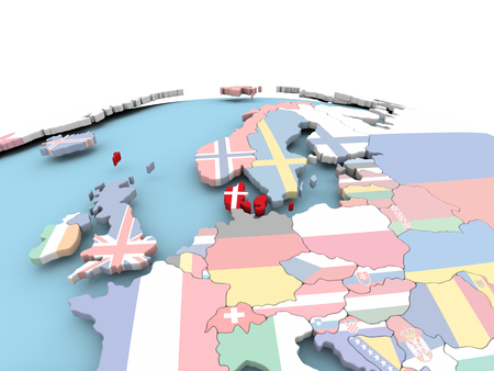 Denmark on political globe with embedded flags. 3D illustration.の写真素材