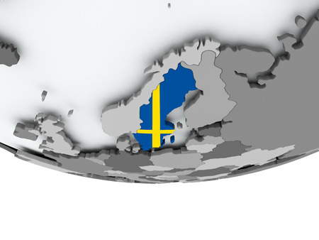 3D render of Sweden with flag on grey globe. 3D illustration.の写真素材