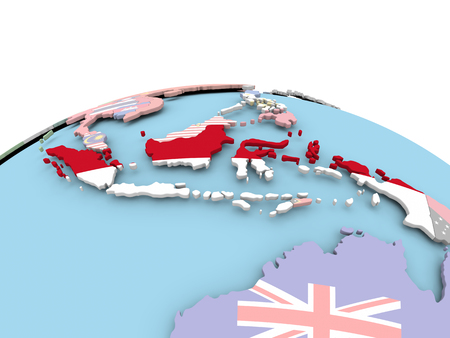 Indonesia on political globe with embedded flags. 3D illustration.の写真素材