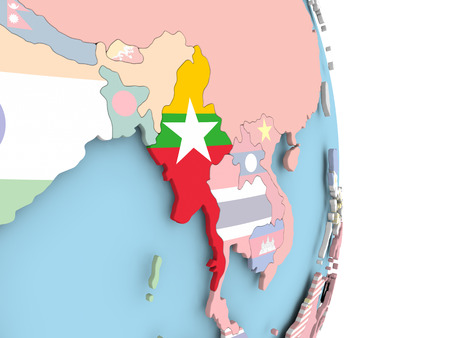 Myanmar with embedded flag on globe. 3D illustration.の写真素材