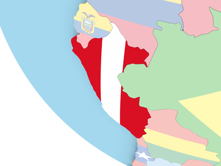 Peru on bright political globe with embedded flag. 3D illustration.の写真素材