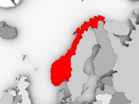 Norway in red on grey political map. 3D illustration.の写真素材