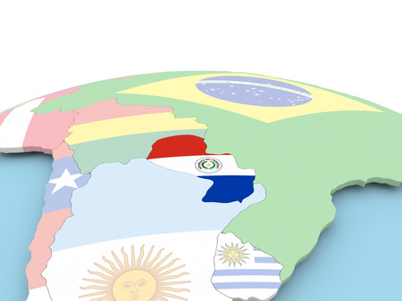 Paraguay on political globe with embedded flags. 3D illustration.の写真素材