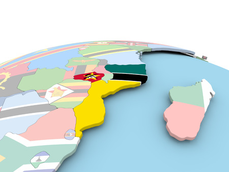 Mozambique on political globe with embedded flags. 3D illustration.の写真素材