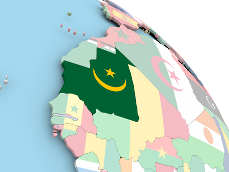 3D render of Mauritania with flag on bright globe. 3D illustration.の写真素材