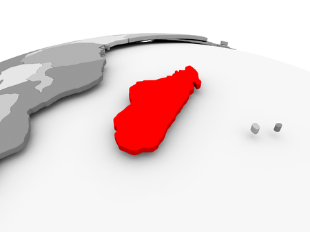 Madagascar in red on grey model of political globe. 3D illustration.の写真素材