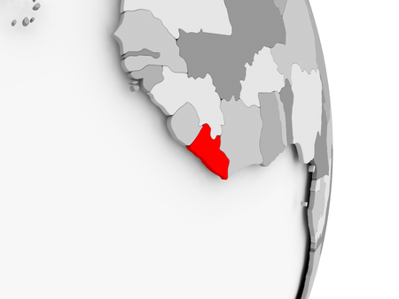Liberia highlighted in red on grey political globe. 3D illustration.の写真素材