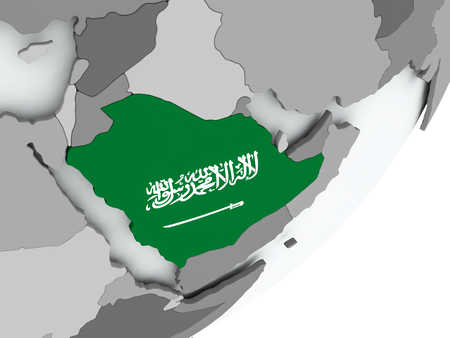 Saudi Arabia on political globe with flag. 3D illustration.の写真素材