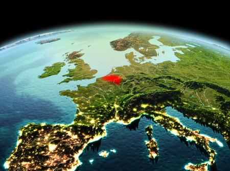 Morning above Belgium highlighted in red on model of planet Earth in space. 3D illustration.の写真素材