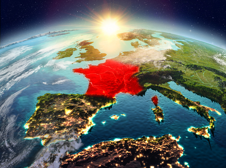 Satellite view of France highlighted in red on planet Earth with clouds during sunrise. 3D illustration.の写真素材