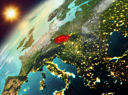 Illustration of Czech republic as seen from Earthâs orbit during sunset. 3D illustration.の写真素材