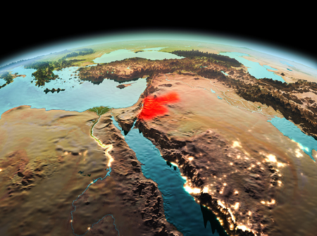 Morning above Jordan highlighted in red on model of planet Earth in space. 3D illustration.の写真素材
