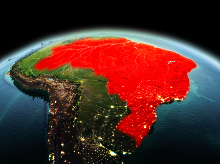 Morning above Brazil highlighted in red on model of planet Earth in space. 3D illustration.の写真素材