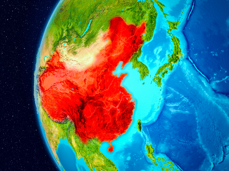 Illustration of China as seen from Earthâs orbit on planet Earth. 3D illustration.の写真素材