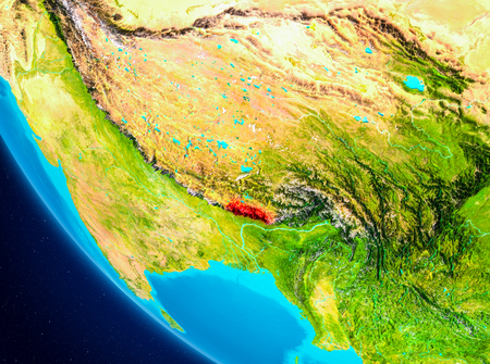 Bhutan highlighted in red on planet Earth. 3D illustration.の写真素材