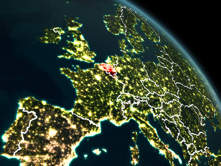 Belgium from orbit of planet Earth at night with visible borderlines and city lights. 3D illustration.の写真素材
