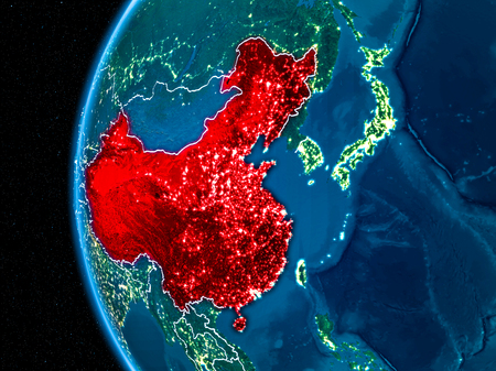 Space orbit view of China highlighted in red on planet Earth at night with visible country borders and city lights. 3D illustration.の写真素材