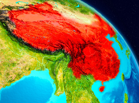 Space view of China highlighted in red on planet Earth. 3D illustration.の写真素材