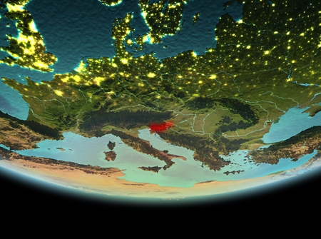 Slovenia from orbit of planet Earth at night with highly detailed surface textures. 3D illustration.の写真素材