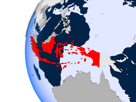 Indonesia in red on political globe with transparent oceans. 3D illustration.の写真素材