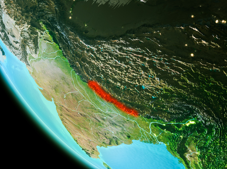 Country of Nepal in red on planet Earth in the evening. 3D illustration.の写真素材