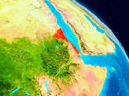 Space view of Eritrea highlighted in red on planet Earth. 3D illustration.の写真素材