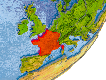 3D render of France on political globe with embossed countries with real land surface and water in place of ocean. 3D illustration.の写真素材