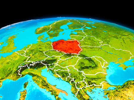 Satellite view of Poland highlighted in red on planet Earth with borderlines. 3D illustration.の写真素材