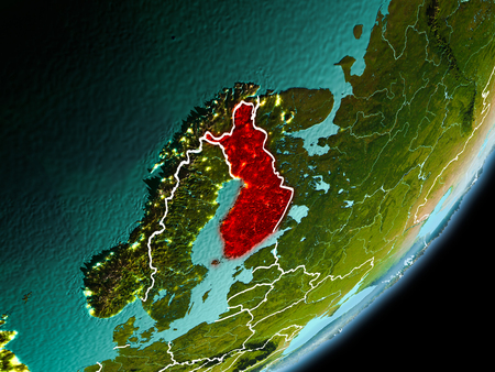 Finland in early morning light highlighted in red on planet Earth with visible border lines and city lights. 3D illustration.の写真素材