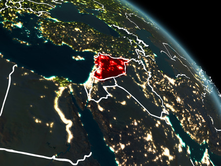 Syria from orbit of planet Earth at night with visible borderlines and city lights. 3D illustration.の写真素材