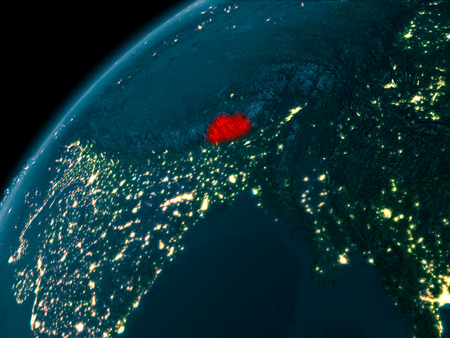 Night map of Bhutan as seen from space on planet Earth. 3D illustration.の写真素材