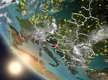 Illustration of Slovenia as seen from Earthâs orbit during sunset with visible country borders. 3D illustration.の写真素材