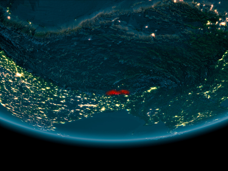 Bhutan at night highlighted in red on planet Earth. 3D illustration.の写真素材